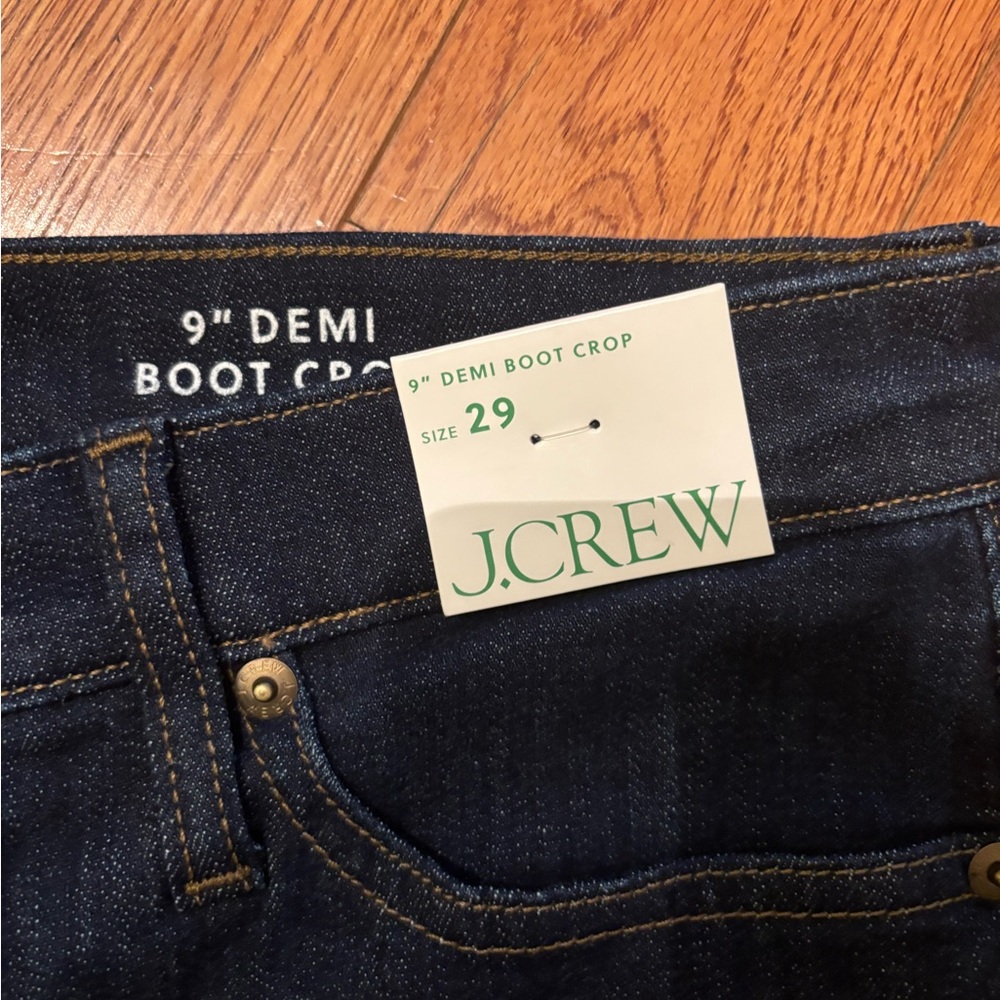 J Crew 9” demi-crop Jean in Dark worn wash.